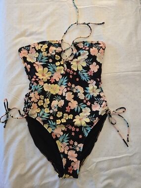 Celebrity Pink Black One-Piece Swimsuit with Pastel Floral Print